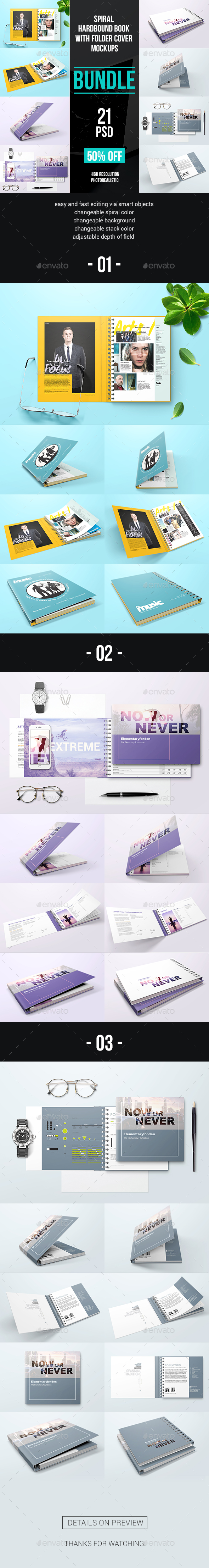 Spiral Hardbound Book With Folder Cover Bundle Mockups - Product Mock-Ups Graphics