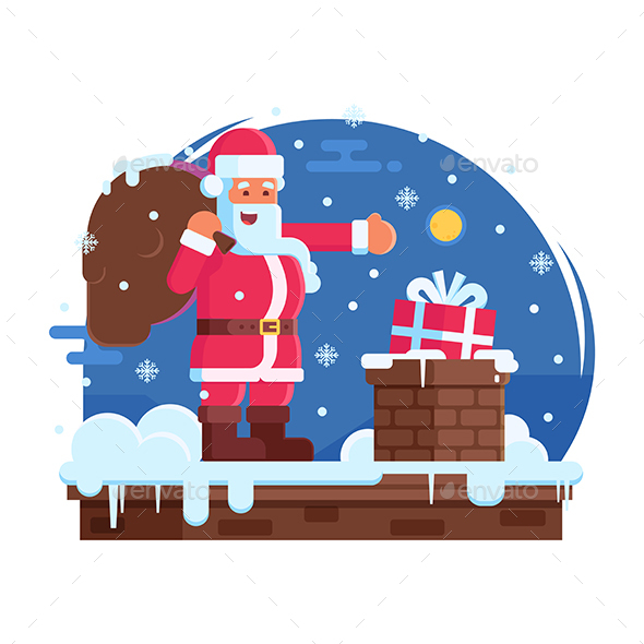 Happy Santa Claus and Roof Chimney - Christmas Seasons/Holidays