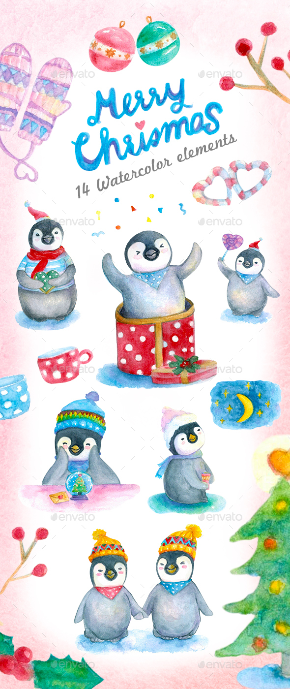 Watercolor Christmas with Penguins character - Illustrations Graphics