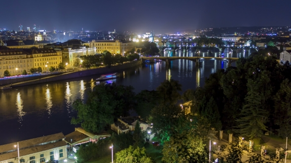 Scenic View of Bridges on the Vltava River Night alt