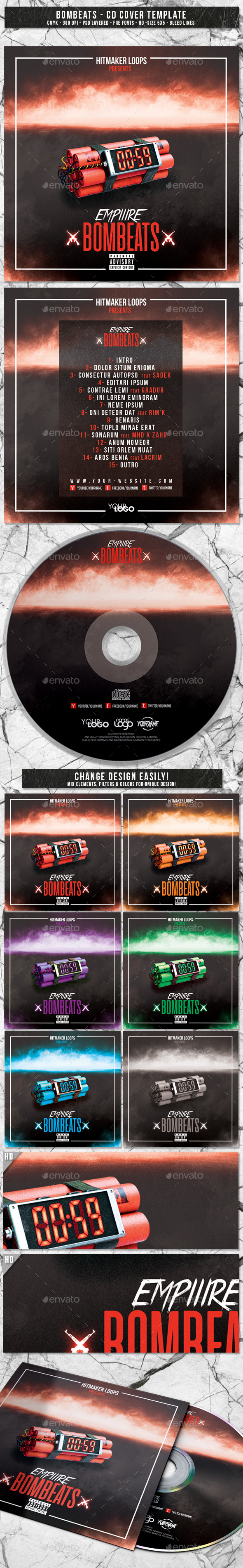 Bombeats | Album CD Mixtape Cover Template - CD & DVD Artwork Print Templates