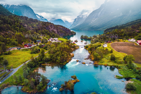 Beautiful Nature Norway natural landscape aerial photography. lovatnet lake. - Stock Photo - Images