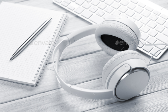 Headphones, notepad and pc - Stock Photo - Images
