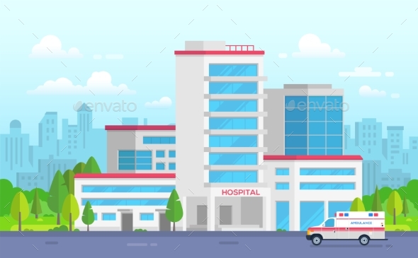 City Hospital with Ambulance - Modern Vector - Buildings Objects