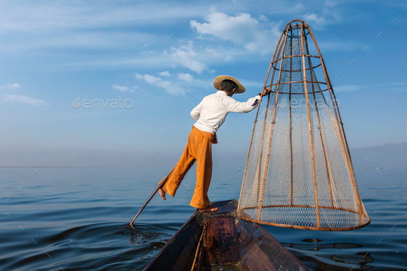 Traditional Burmese fisherman at Inle lake, Myanmar - Stock Photo - Images