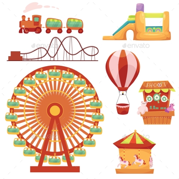 Amusement Park Set, Cartoon Vector Illustration - Backgrounds Decorative