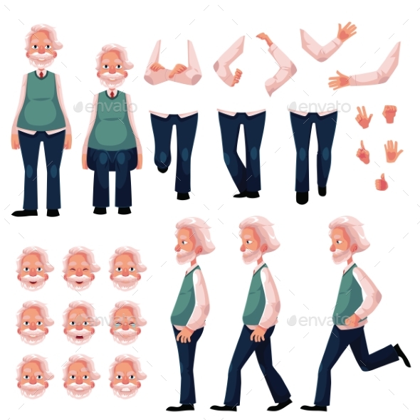 Cartoon Senior Man Character Creation Set - People Characters