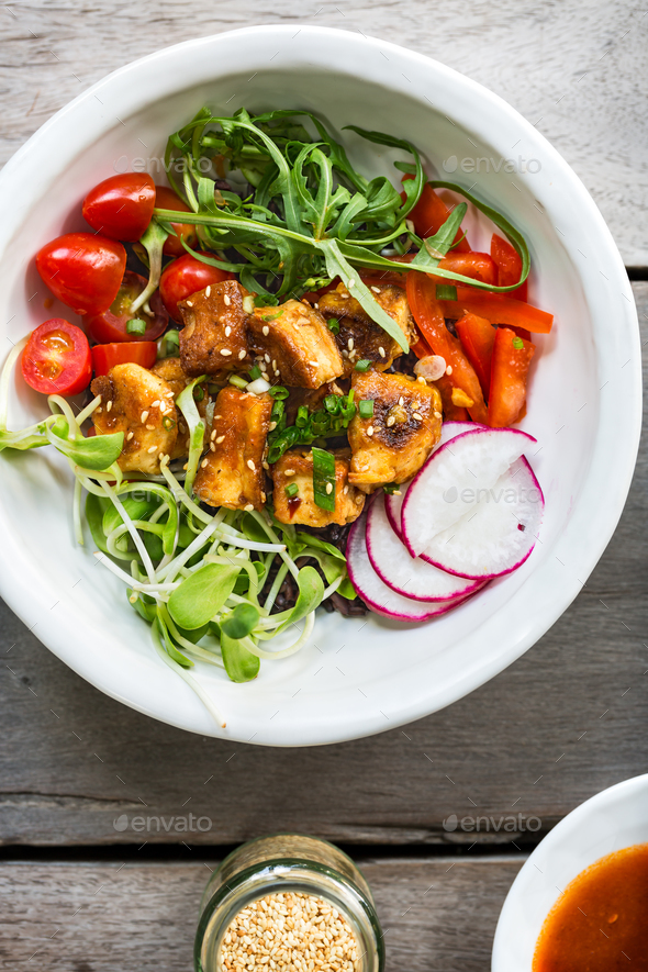 Glazed Tofu with Rocket ,Tomatoes,Sprouts and Radish over Riceberry
