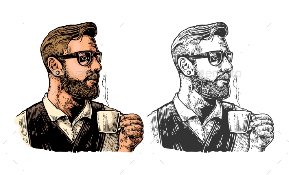 Hipster Barista with the Beard Holding a Cup - People Characters