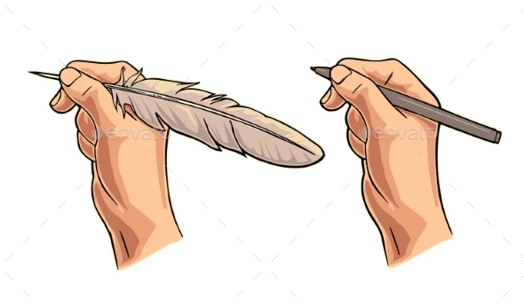 Female Hand Holding a Goose Feather and Pencil - Miscellaneous Vectors