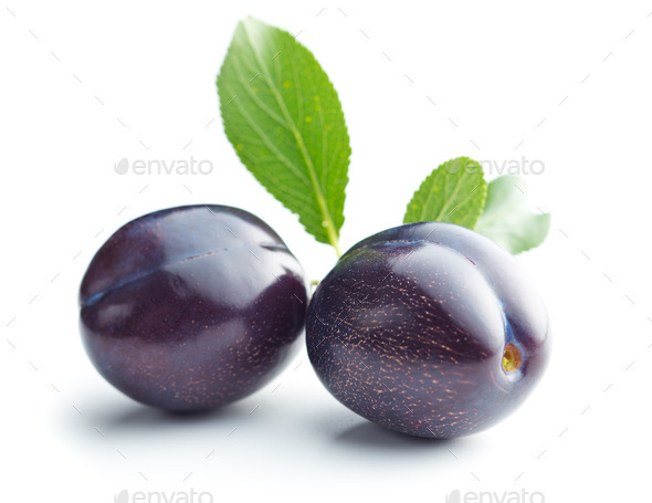 Fresh plums with leaves Stock Photo by katrinshine