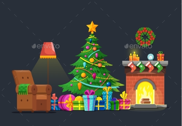 Cartoon Living Room with Xmas Tree and Fireplace - Christmas Seasons/Holidays