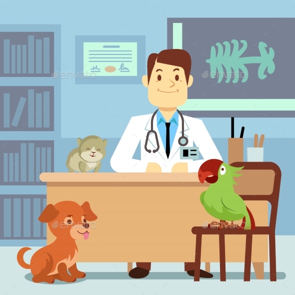 Veterinary Office with Doctor and Pets