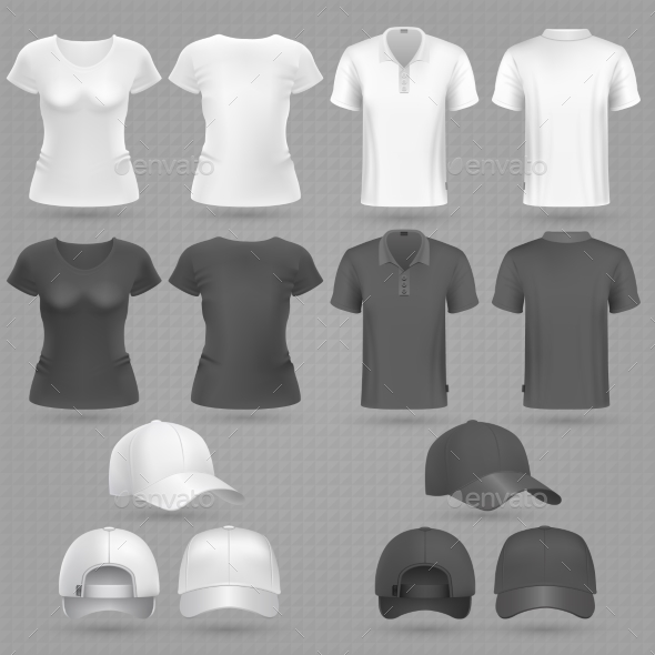 Male and Female Black White T-Shirt and Baseball Cap - Man-made Objects Objects