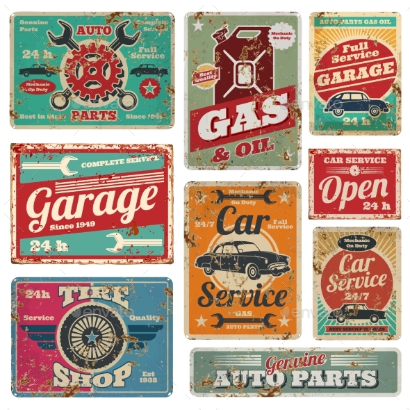 Vintage Car Service and Gas Station Vector Metal