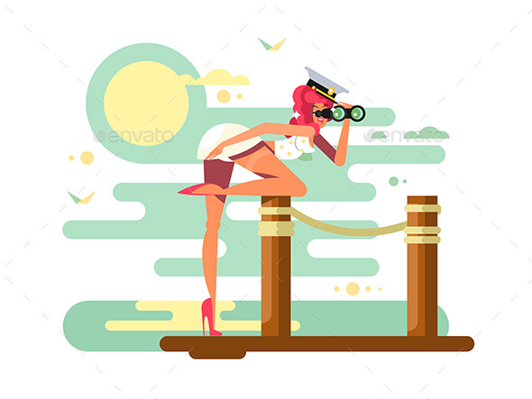Girl Looks Binoculars on Wooden Dock - People Characters