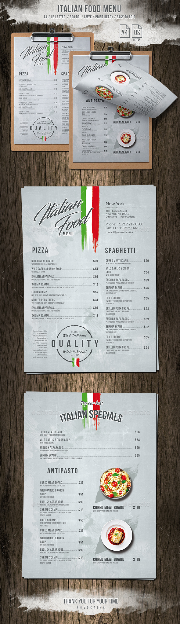Italian Light A4 - US Letter Single Page Menu - Food Menus Print Templates