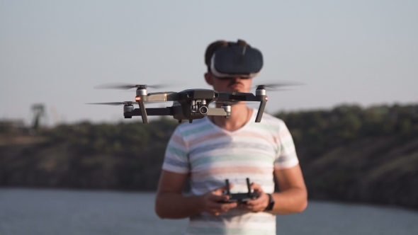 Man In Vr Glasses Controlling Drone, Stock Footage 