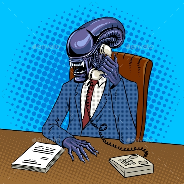 Alien Boss Talking By Phone Pop Art Vector