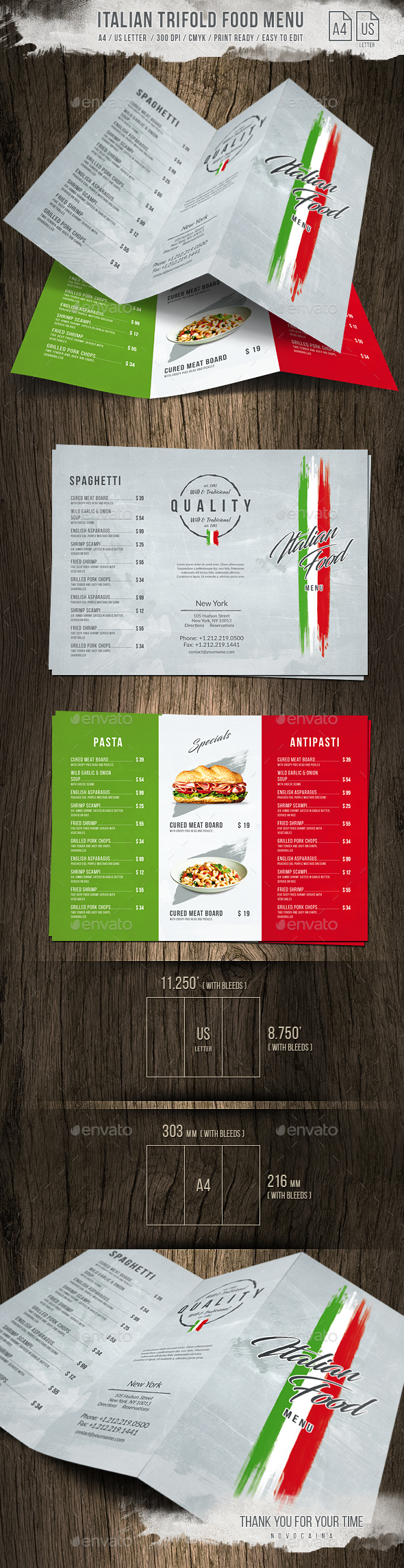 Italian Light A4 - US Letter Trifold Food Menu - Food Menus Print Templates