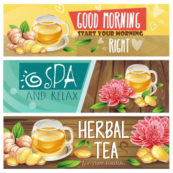 Relaxing Morning Herbal Tea Vector Banners Set - Food Objects