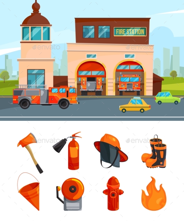 Municipal Building of Fire Station Services - Objects Vectors