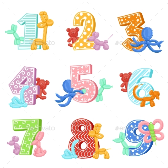 Inflatable Animals with Birthday Numbers - Miscellaneous Vectors