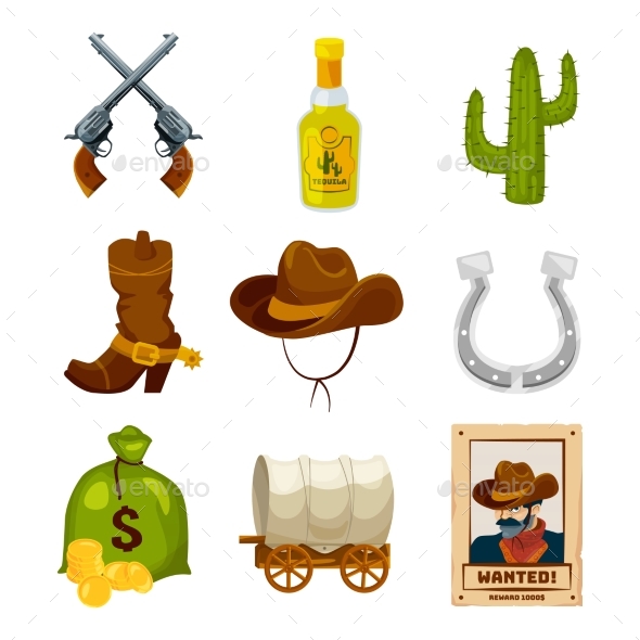 Cartoon Icon Set for Wild West Theme. Vector - Objects Vectors