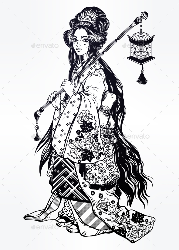 Geisha, Ornate Kimono Costume, Lantern. - People Characters
