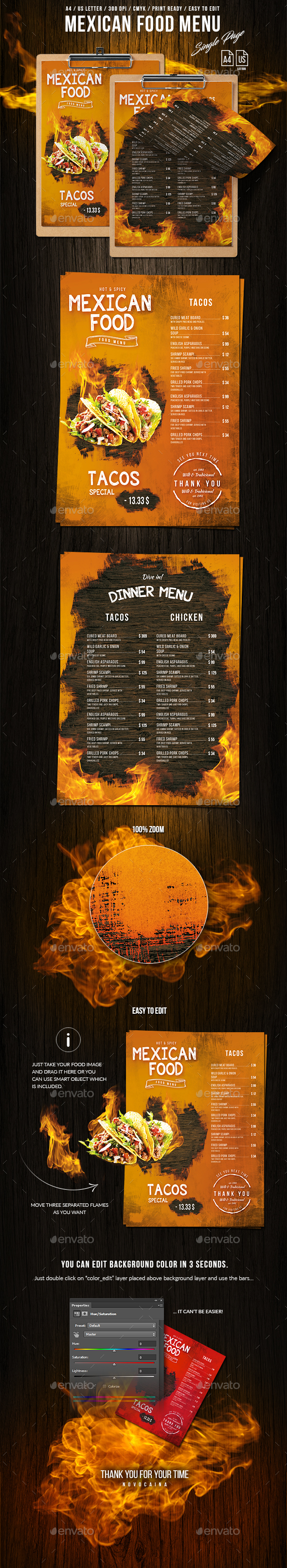 Mexican A4 - US Letter Single Page Food Menu - Food Menus Print Templates