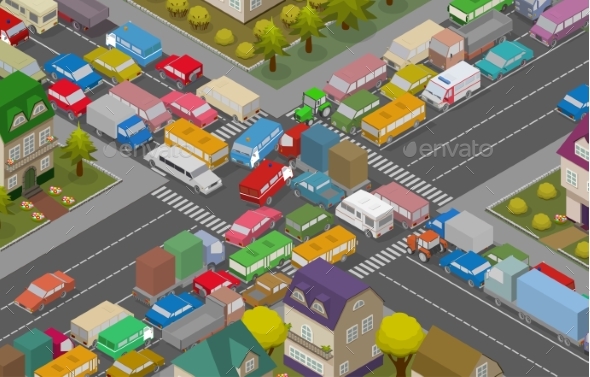 Traffic Jam Isometric Cars and Houses