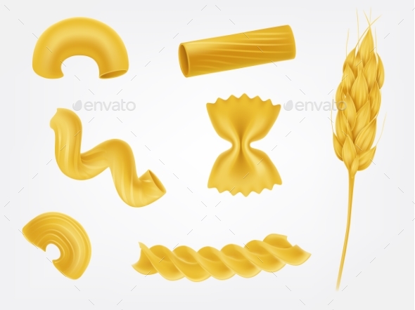 Pasta Types and Forms Realistic Vector Set - Food Objects