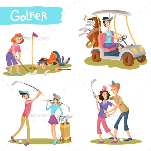 Golfers Cartoon Characters Vector Set - Sports/Activity Conceptual