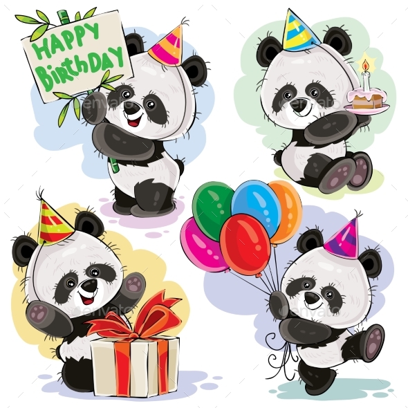 Panda Bear Baby Celebrates Birthday Cartoon Vector - Animals Characters