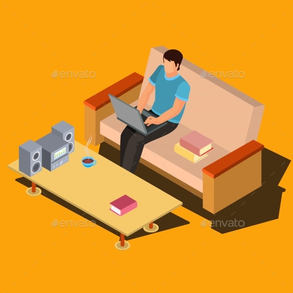 Man Using Laptop on Sofa at Home Isometric Vector - People Characters