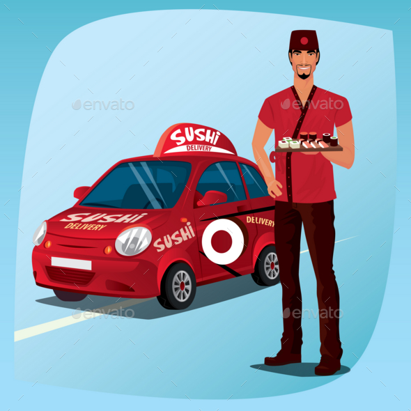 Asian Man with Sushi and the Car - Man-made Objects Objects