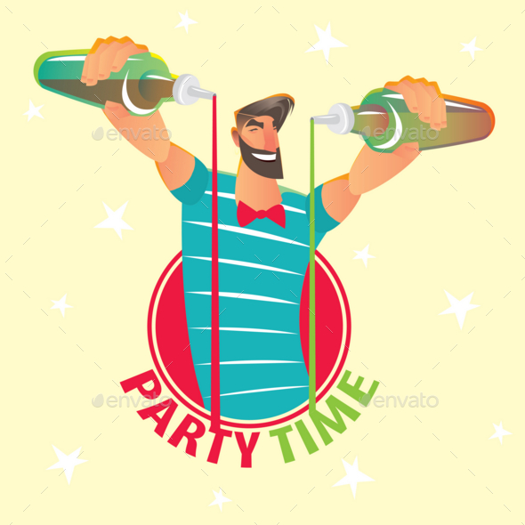 Bartender with Bottles in Round Frame - Food Objects