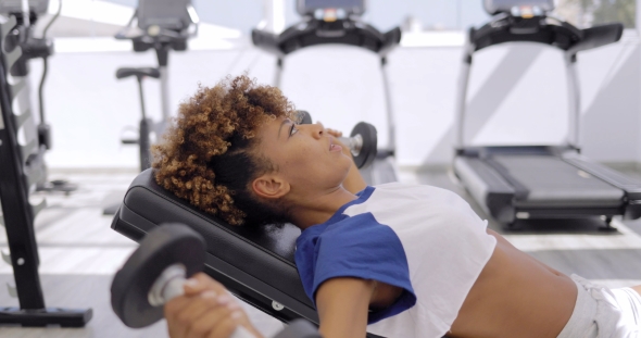 Concentrated Sportswoman Training with Dumbbells alt