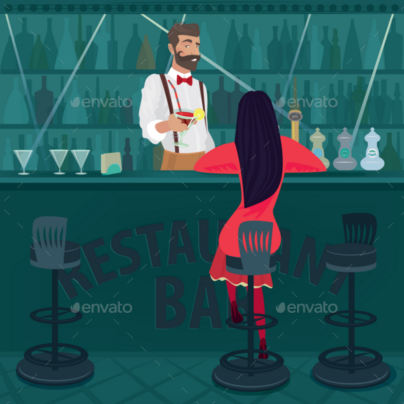 Lonely Girl in Red Sits in an Empty Bar - Food Objects