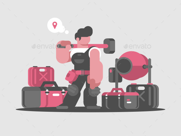 Builder Worker with Hammer and Tools - People Characters