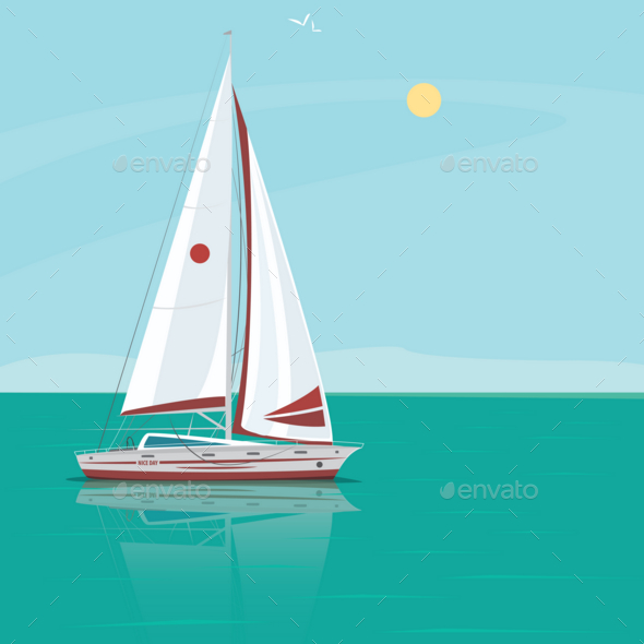 Lonely Sailing Yacht in the Ocean on a Sunny Day - Landscapes Nature