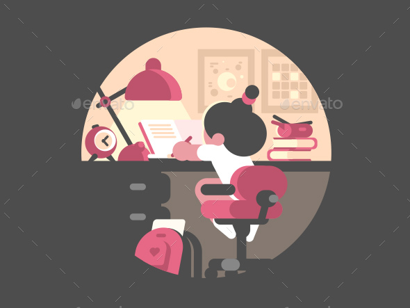 Little Girl Schoolgirl Doing Homework - People Characters
