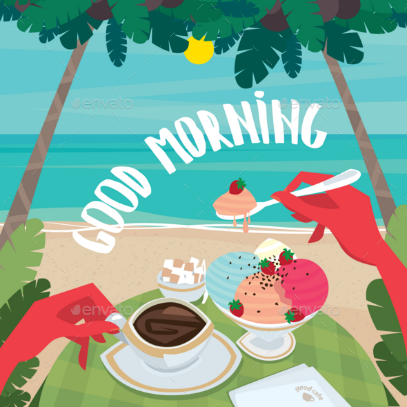 Man Having Breakfast on the Beach - Food Objects