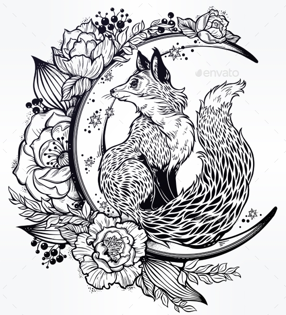 Fox on Night Floral Crescent Moon in Vintage Style - Animals Characters