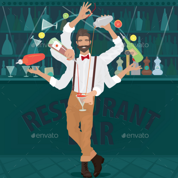 Multi-armed Bartender Hipster Prepares Cocktail - Food Objects