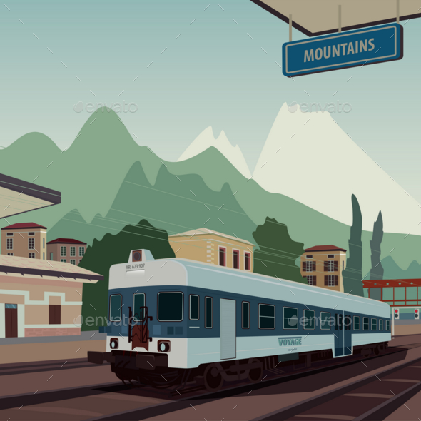 Old Train at Railway Station of European Town - Miscellaneous Vectors