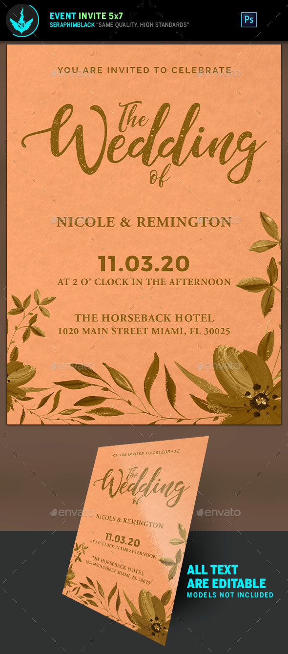 Gold and Peach Wedding Invite Template