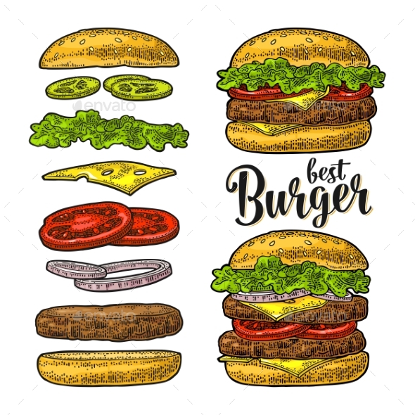 Burger with Flying Ingredients on White Background - Food Objects