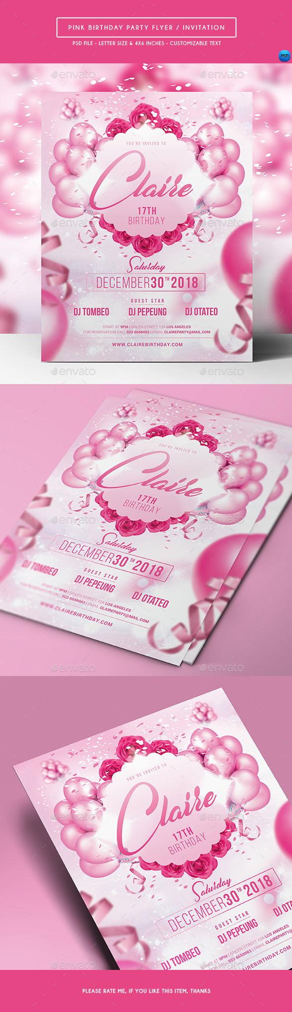 Pink Birthday Party Flyer / Invitation - Birthday Greeting Cards