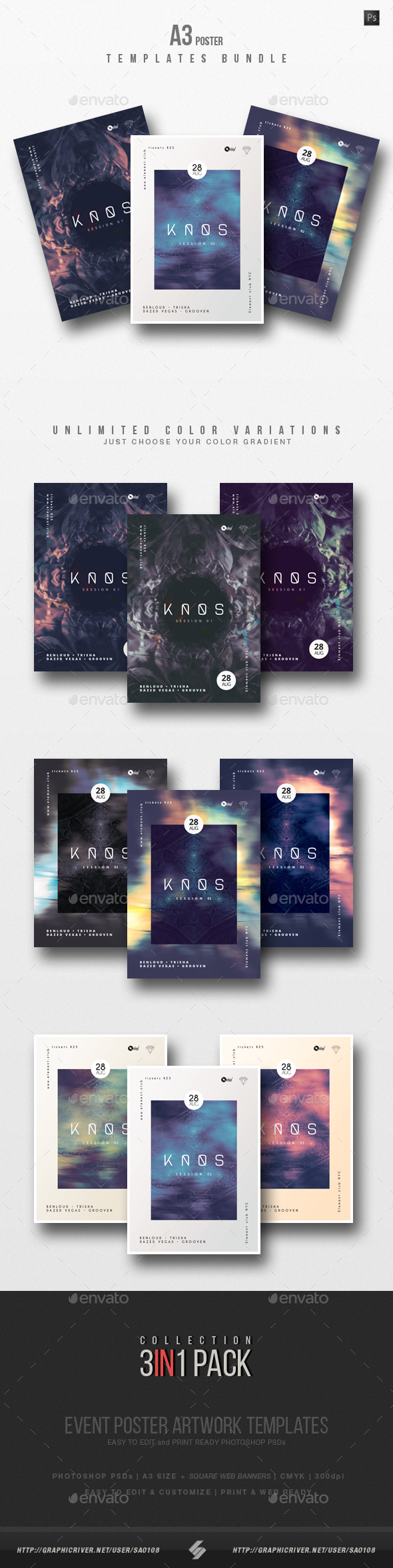 Kaos Trilogy - Minimal Party Flyer / Poster Templates Bundle - Clubs & Parties Events